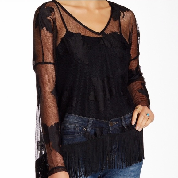 ASTR Black Sheer Leaf Print Fringe Top - Picture 3 of 12